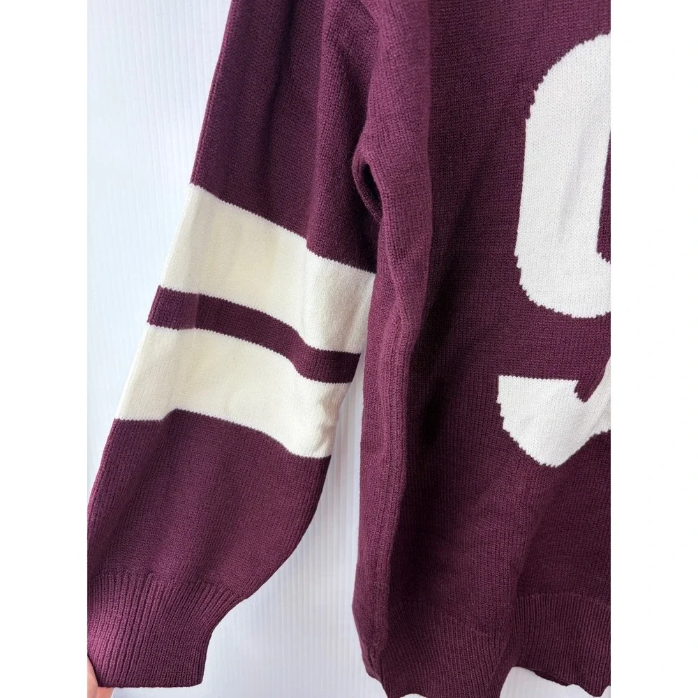 No Comment Sweater Varsity VNeck Maroon 90 Graphic Oversized Preppy Retro Medium